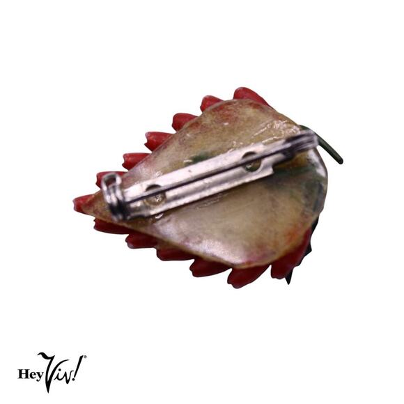 Vintage Fruit Pin 3D Shape Made from Tiny Red Shells w Leaves 1.25" - Hey Viv - Picture 2 of 4